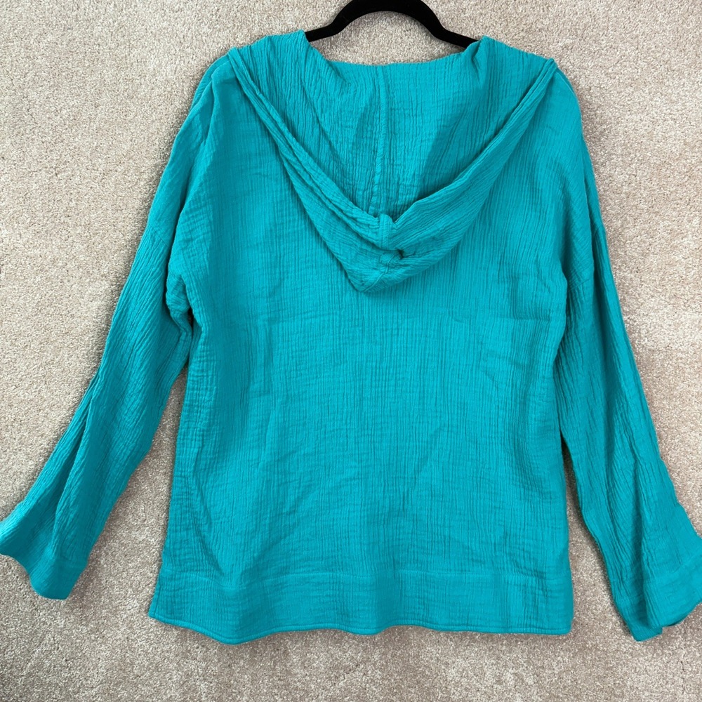 SOFT SURROUNDINGS Gauze Cotton Hoodie Women's Medium Teal Blue Half Zip Pullover - Picture 4 of 7